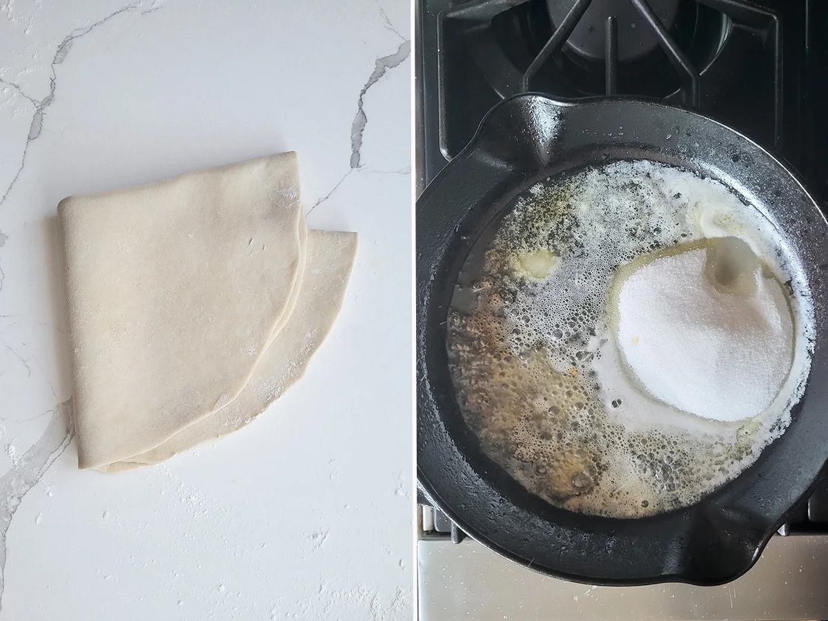 a round of pie dough. A pan with melted butter and sugar.
