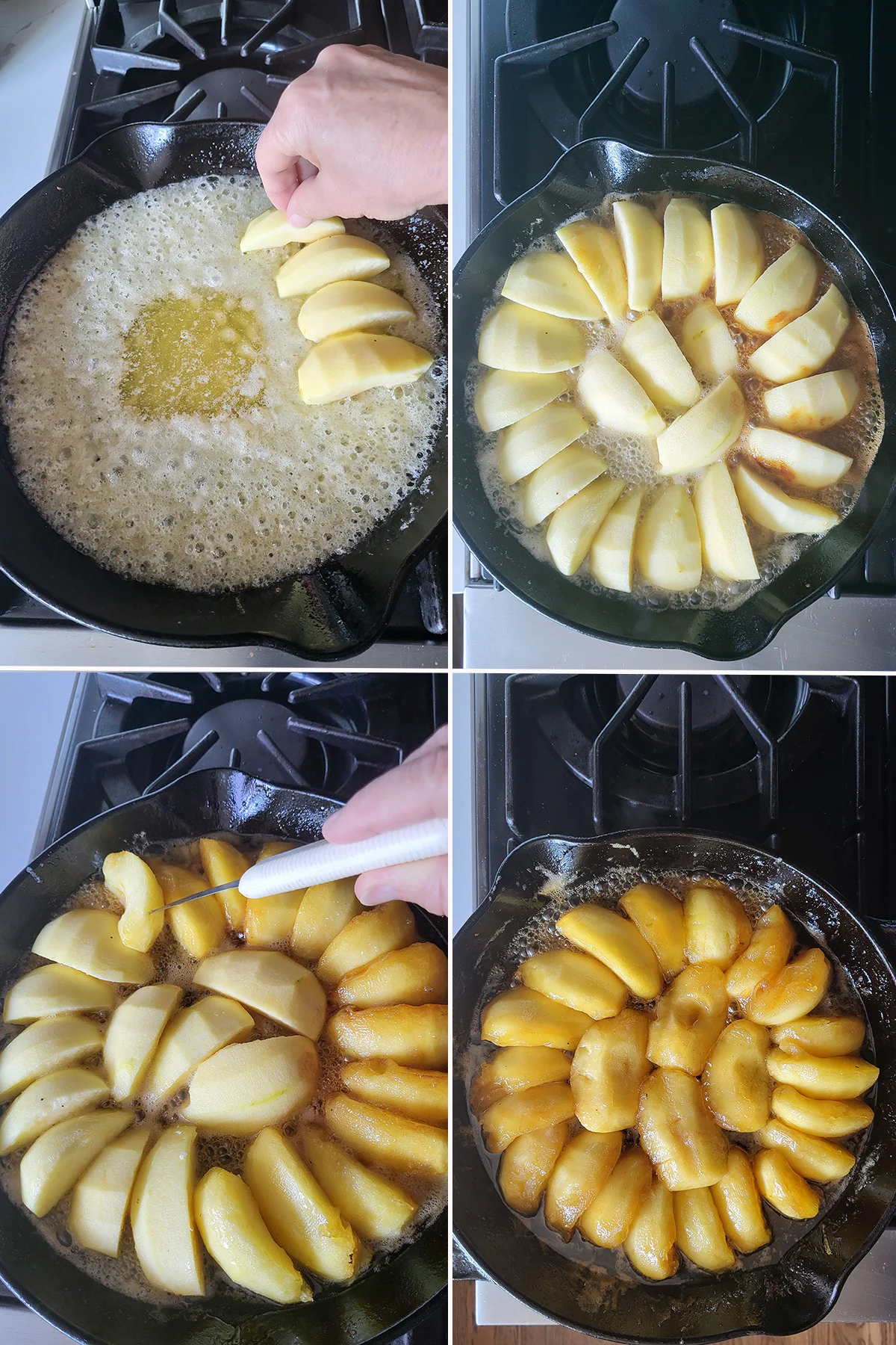 Melted butter and sugar in a pan with apples. 
