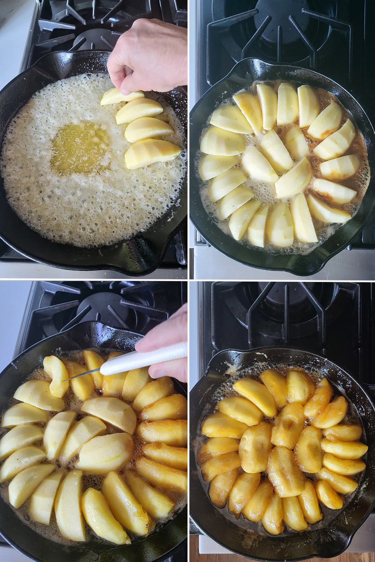 Melted butter and sugar in a pan with apples.