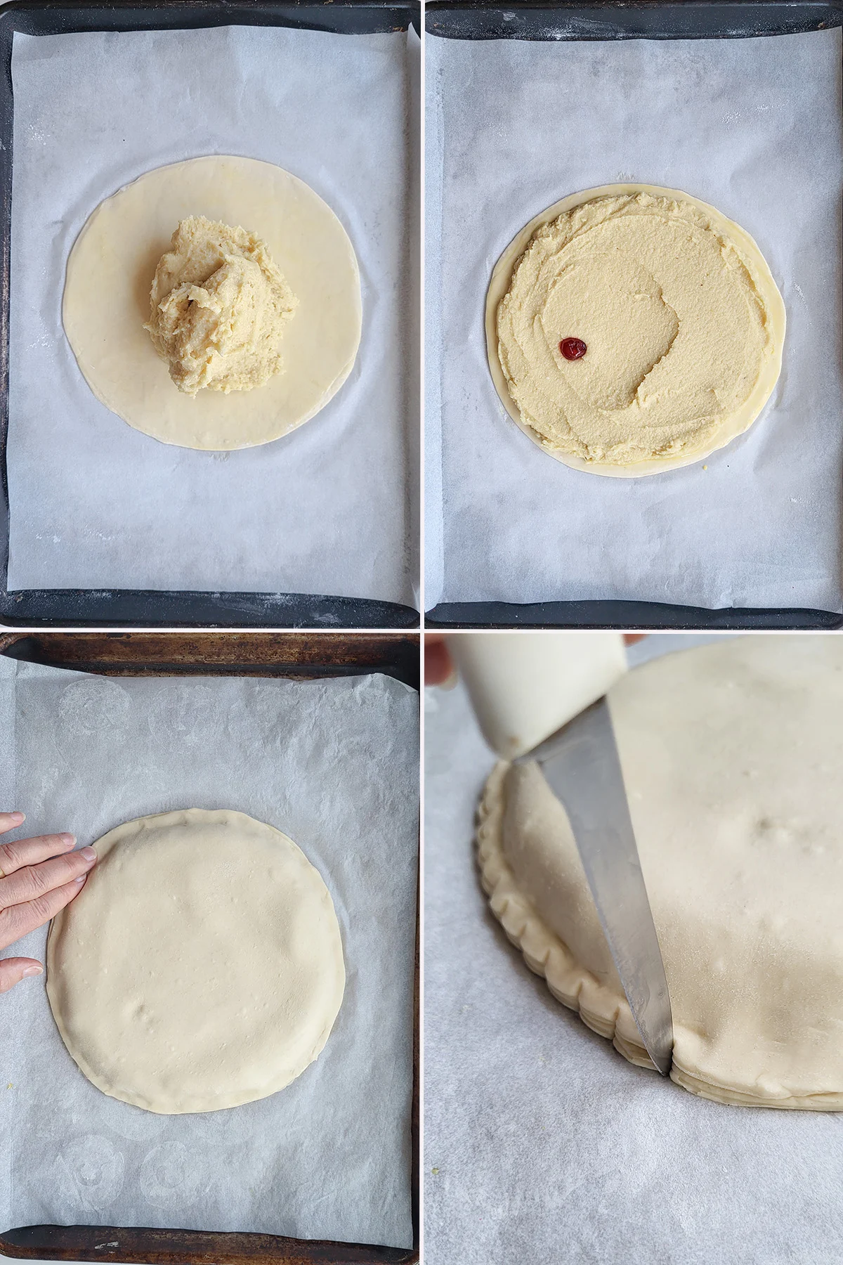 a round of dough covered with almond batter and a cherry. Pressing edges of galette.