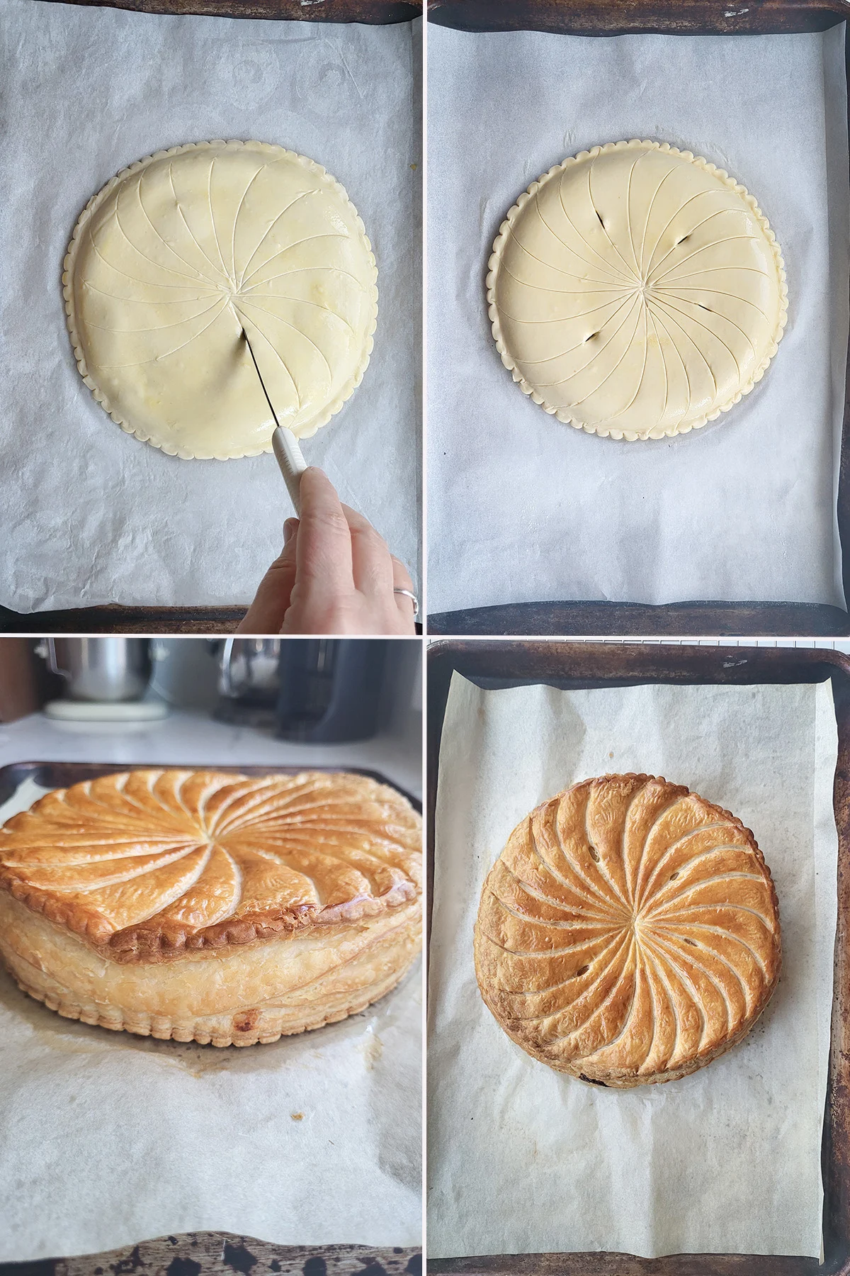 Etching lines on a galette with a knife. A baked galette on a tray.