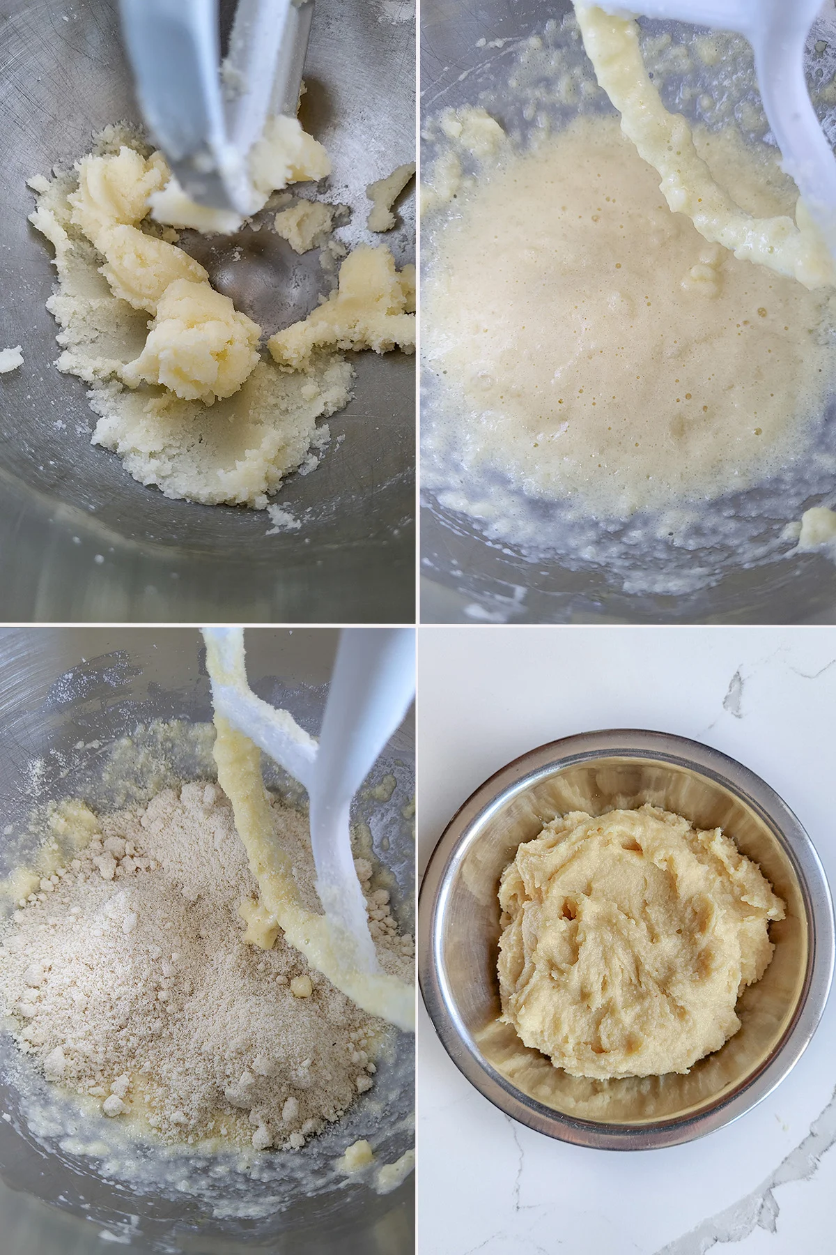 butter, sugar, eggs and almond flour in a mixing bowl.