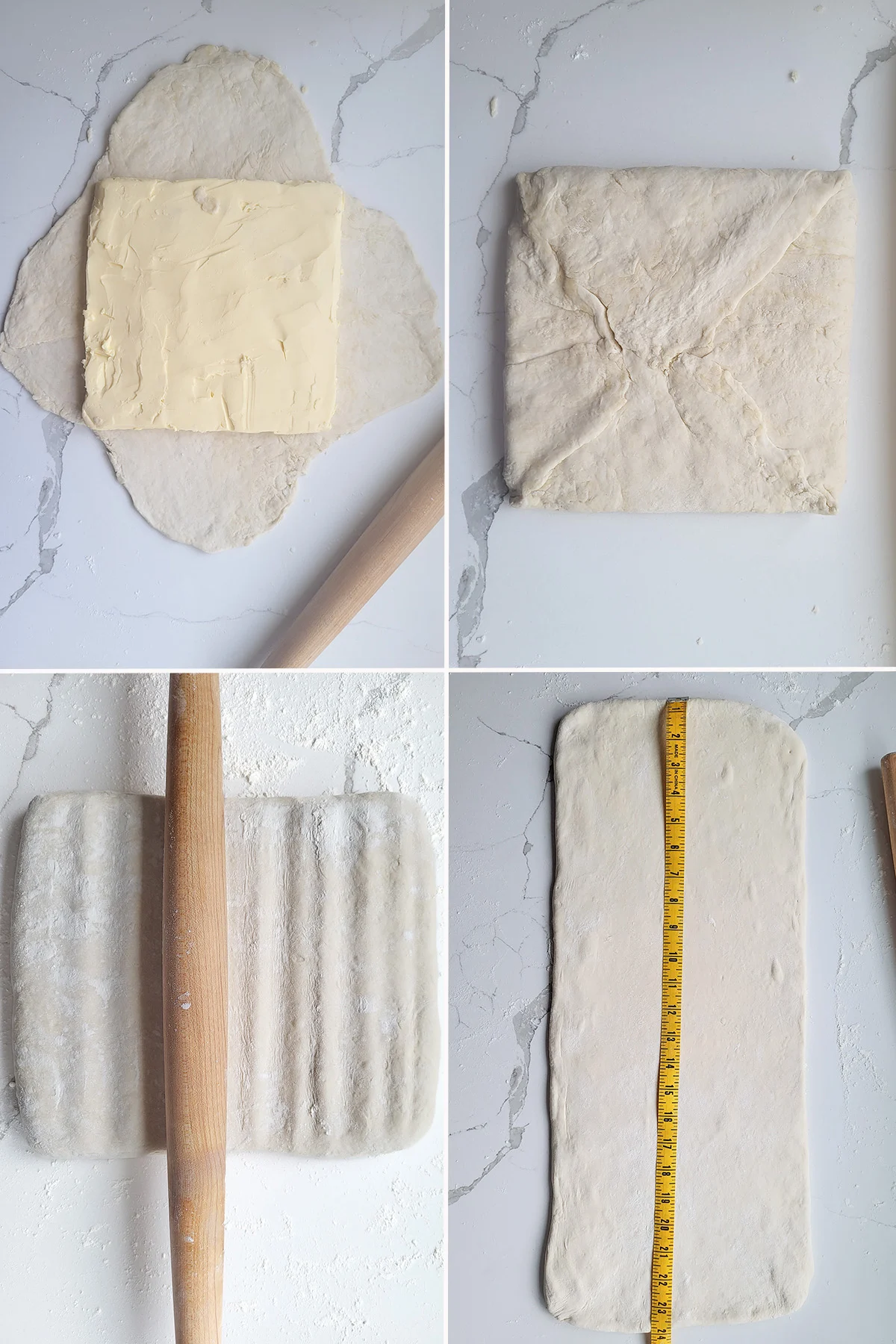 Butter being wrapped in dough. Rolling dough to a long rectangle.