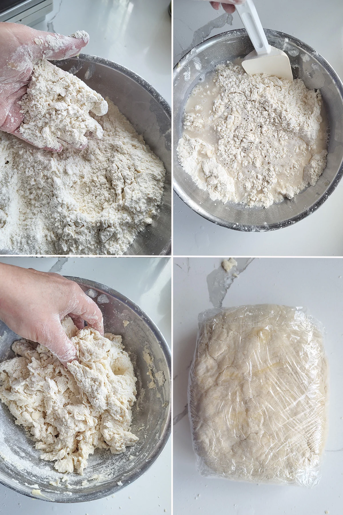 Flour and water in a mixing bowl. A square of dough wrapped in plastic.
