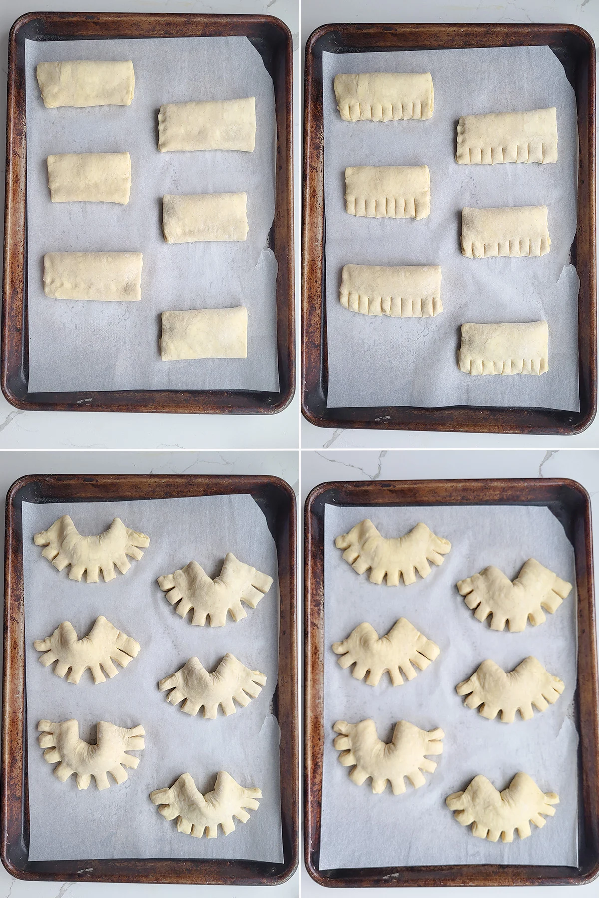 a tray of unbaked danish showing steps to shaping.