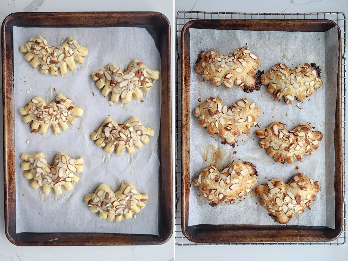 a tray of bear claws before and after baking.