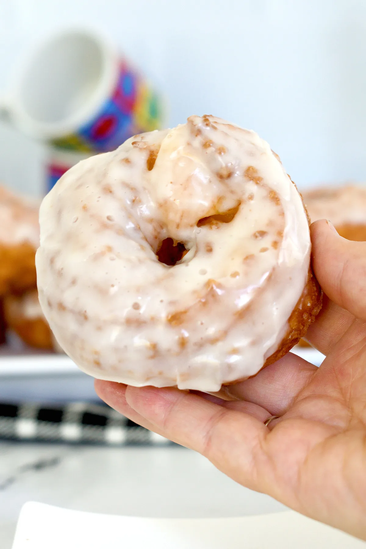 a hand holding a french cruller donut.