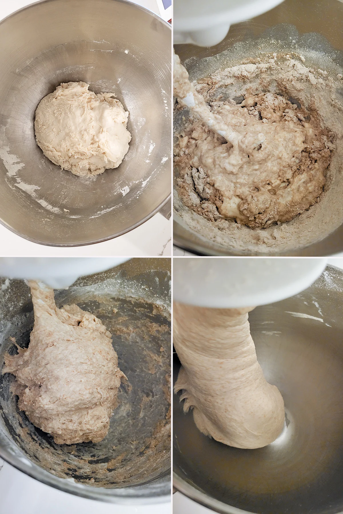 four stages of mixing whole wheat dough in a steel bowl.