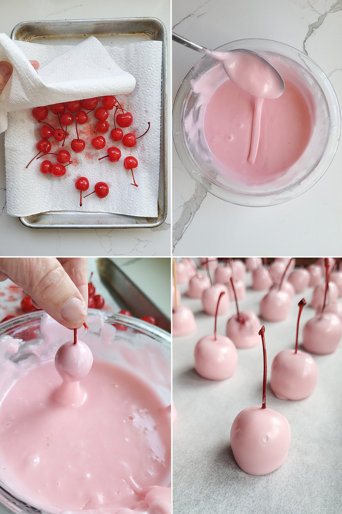 cherries on paper towels. A bowl of fondant with a spoon. A hand dipping a cherry in pink fondant. A cherry on a tray.