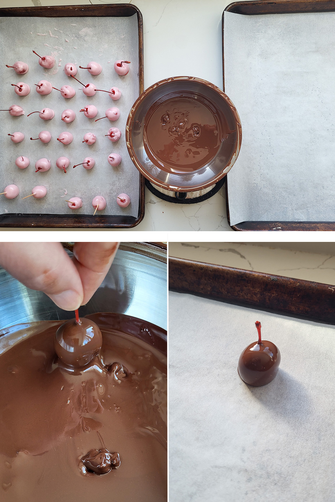 A tray of cherries, a bowl of chocolate and an empty sheet pan. A cherry dipping into chocolate.