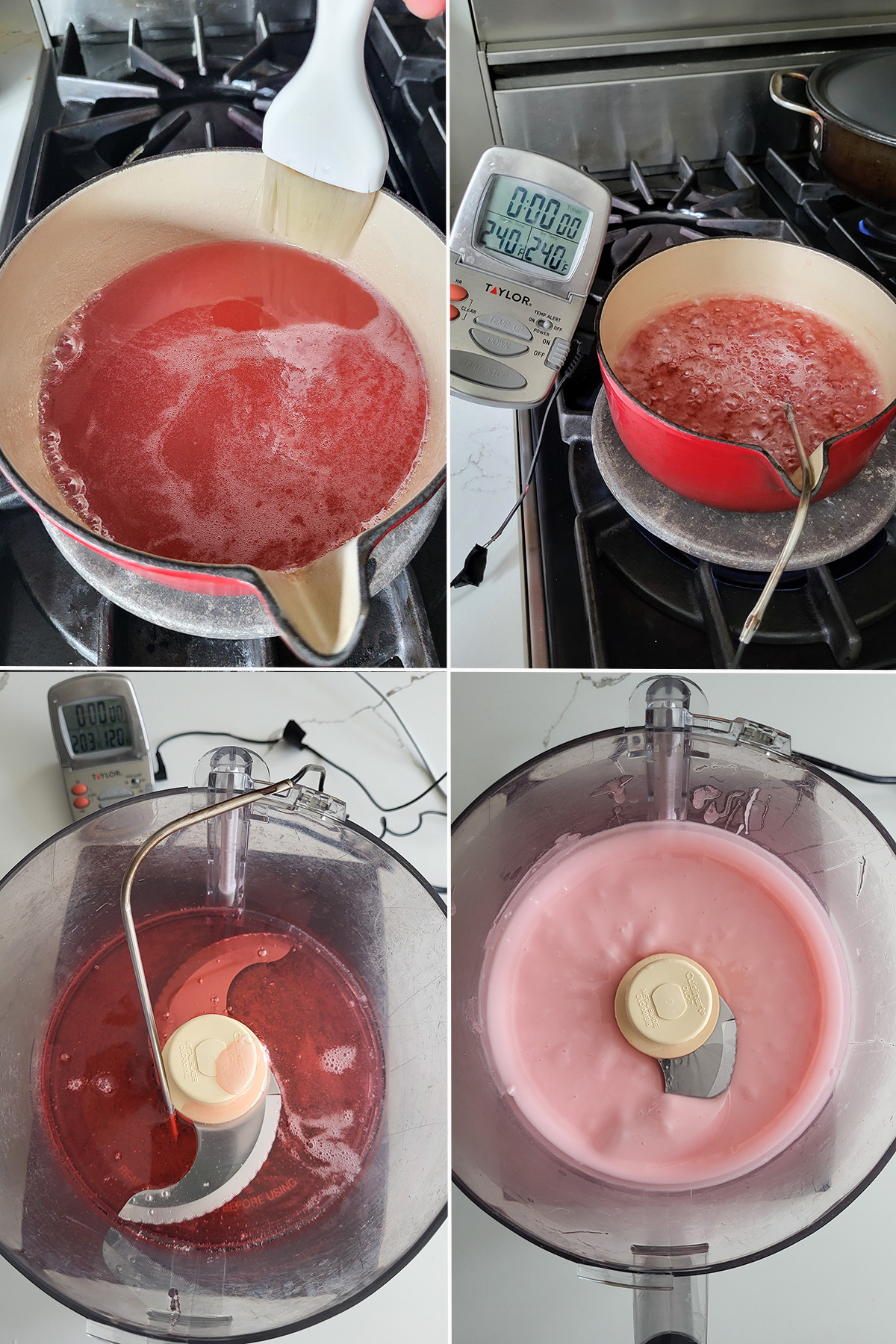 a pan with sugar syrup boiling. A food processor filled with syrup and fondant.