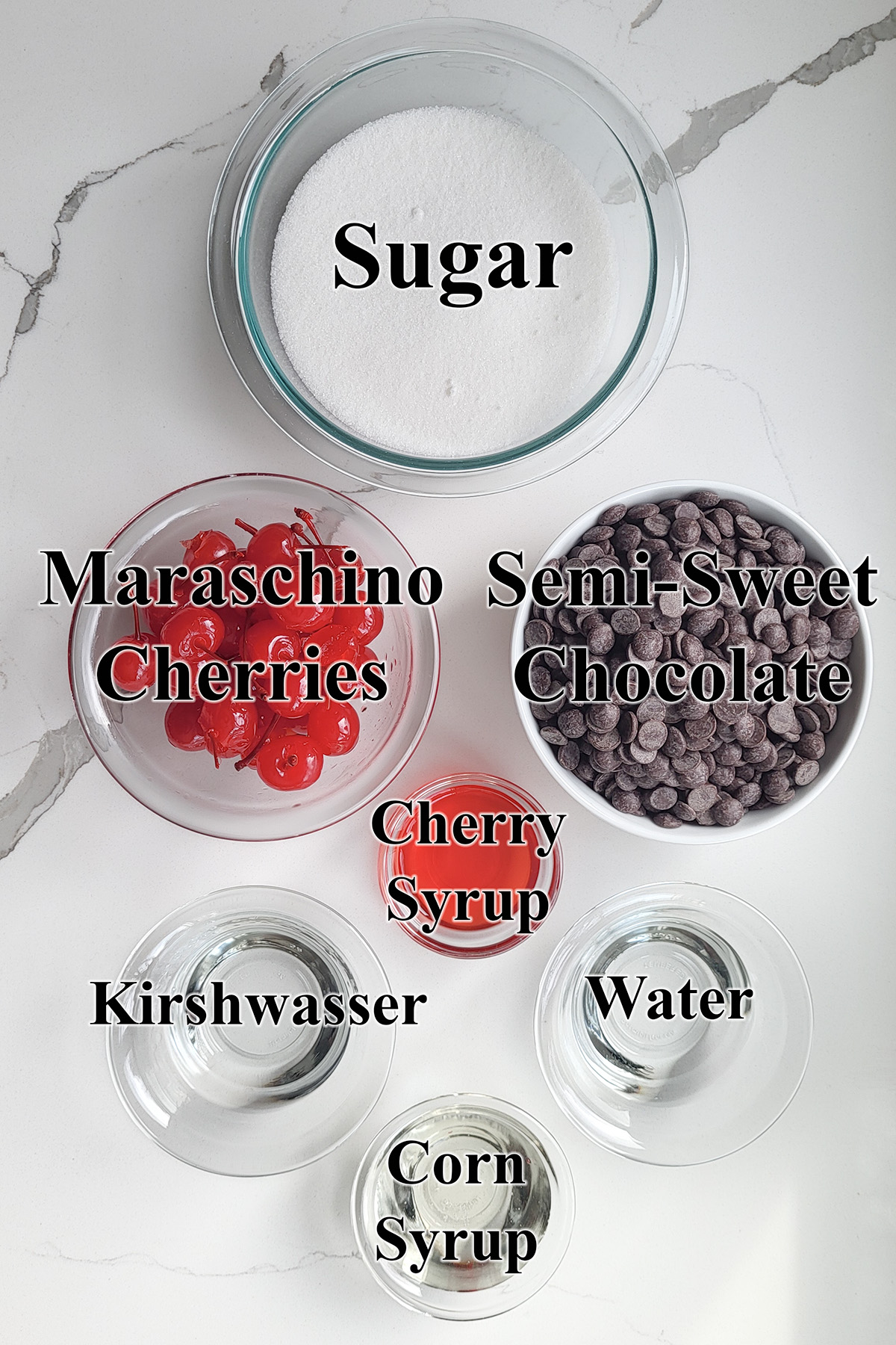 ingredients for making cherry cordial candies in glass bowls.
