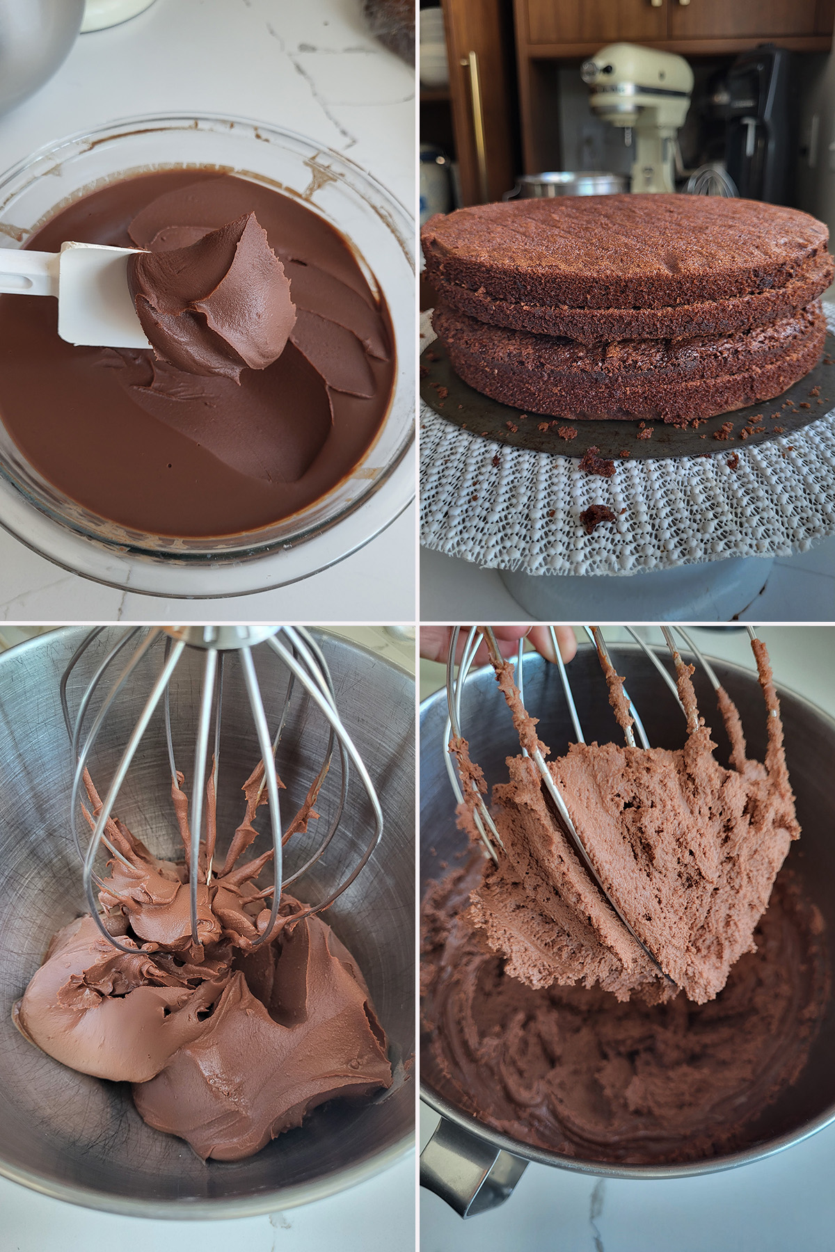 a bowl of ganache and layers of chocolate cake.