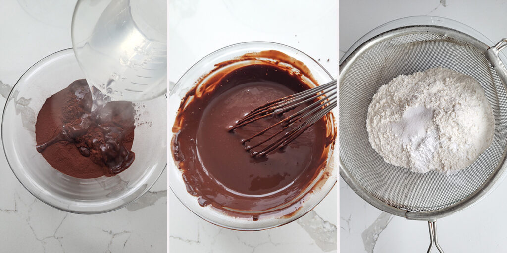 cocoa and water in a bowl. Flour in a sifter.