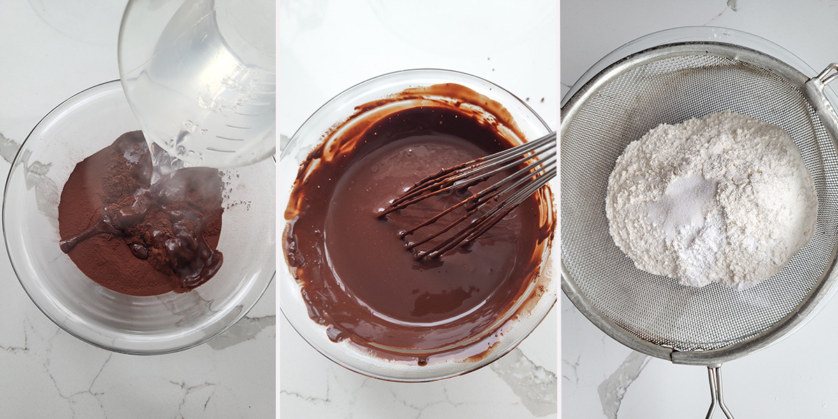 cocoa and water in a bowl. Flour and baking powder in a sifter.