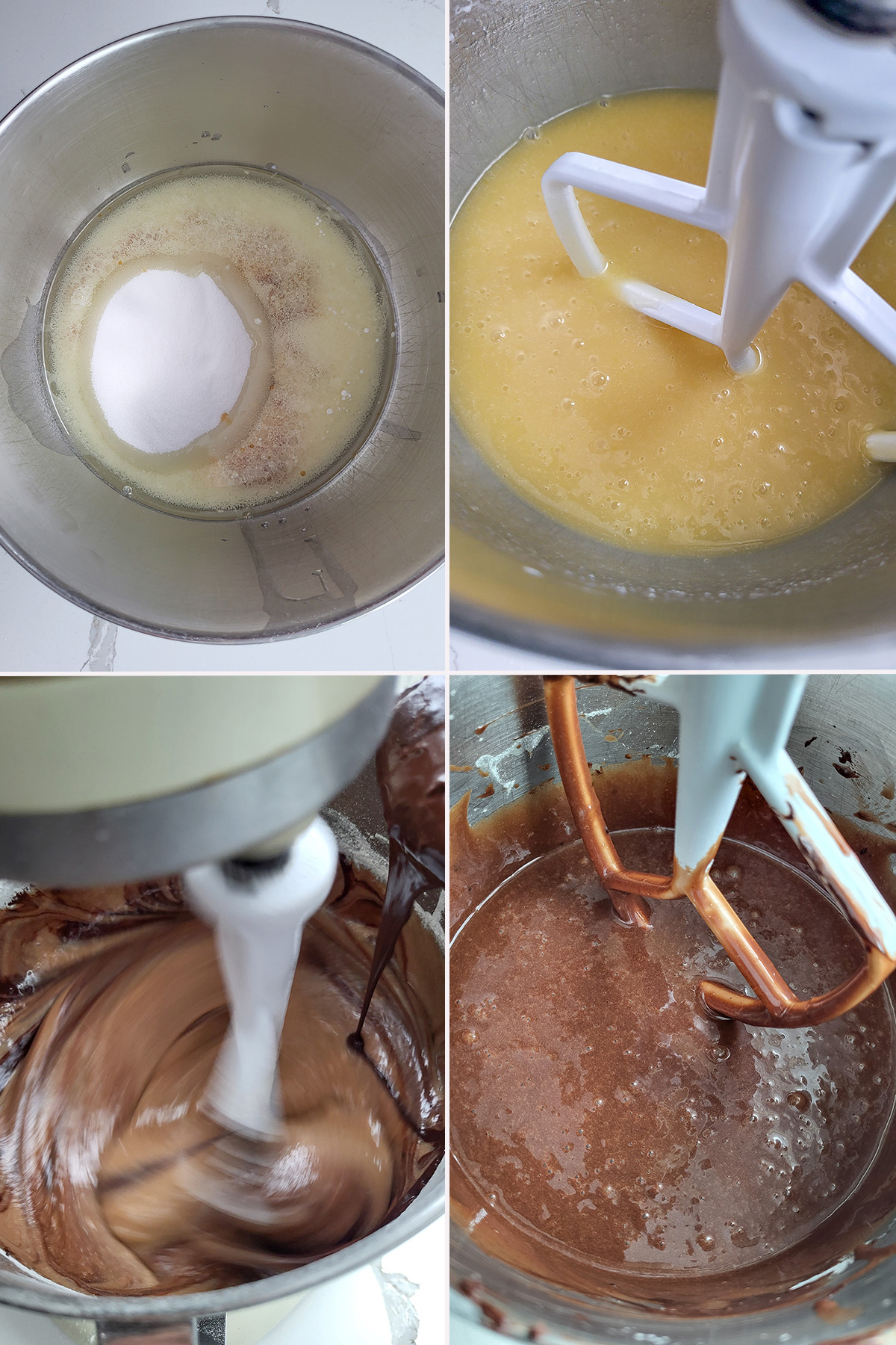 eggs, oil and sugar in a mixing bowl. Cocoa added to the mixing bowl.