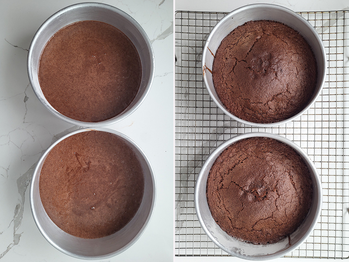 chocolate cakes in a pan before and after baking.