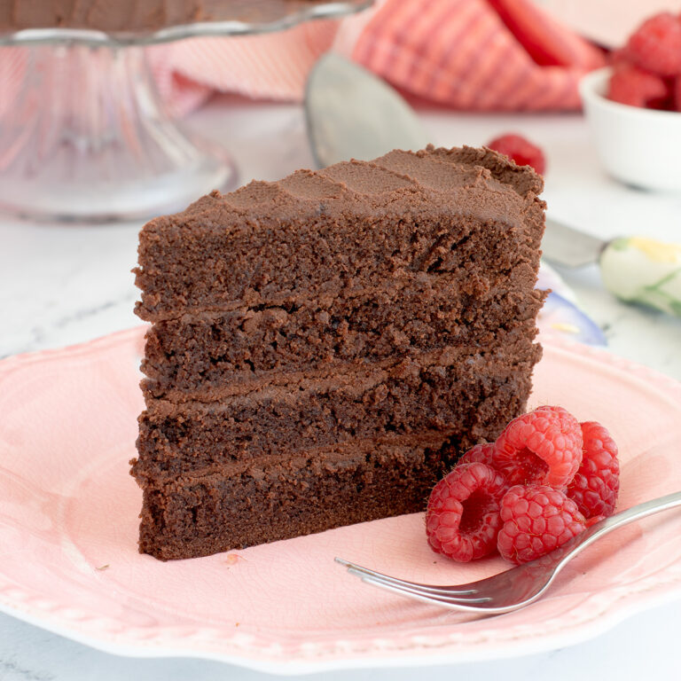 a slice of chocolate ganache cake on a pink plate.