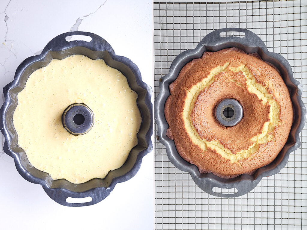 lemon olive oil cake before and after baking.
