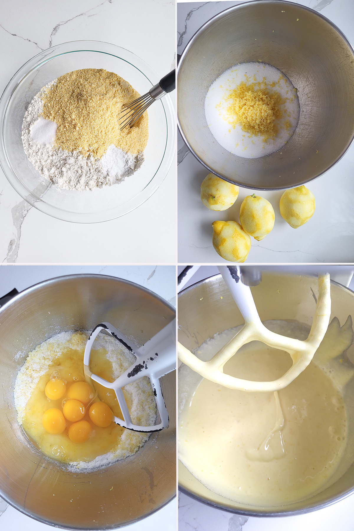 dry cake ingredients in a bowl. Sugar and lemon zest in a bowl. Eggs and cake batter in a bowl.