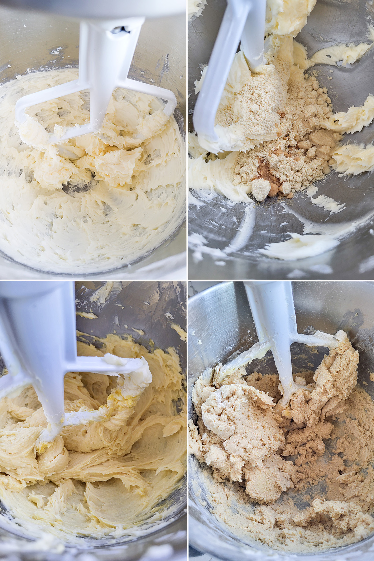 four mixing bowls with cookie dough ingredients added. 