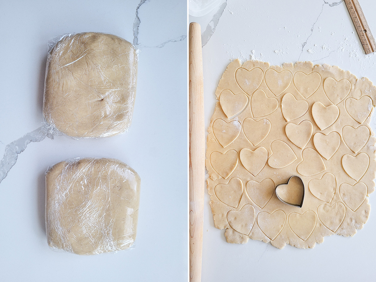 two pieces of cookie dough wrapped in plastic. A sheet of cookie dough with heart cut-outs.