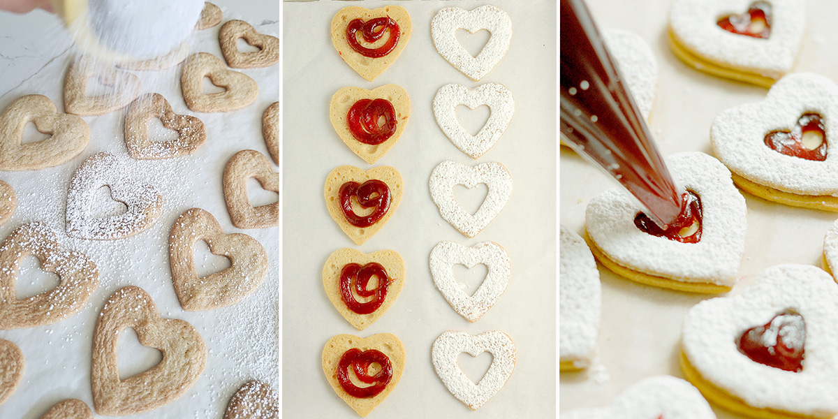 Sprinkling cookies with sugar and filling cookies with jam.