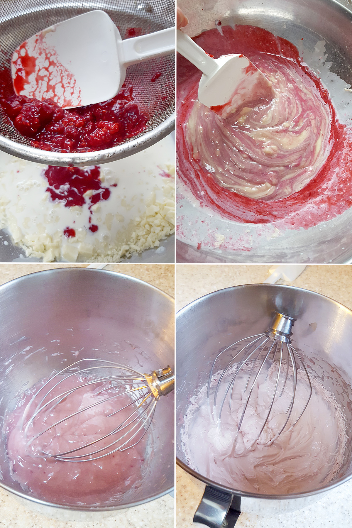 White chocolate, cream and raspberries in a mixing bowl.