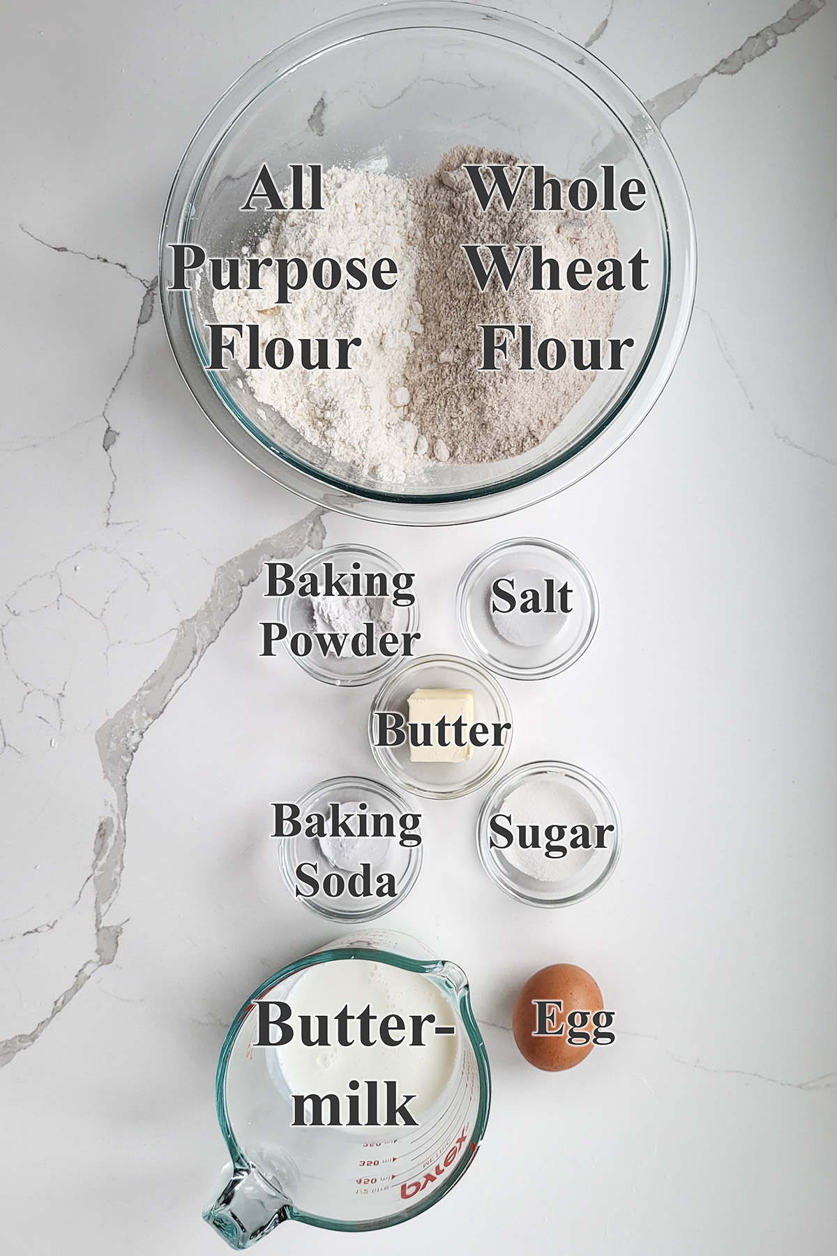 ingredients for irish brown bread in glass bowls.