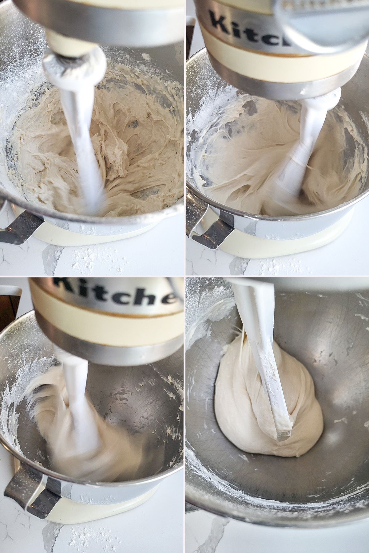 flour added to bread dough and mixed with a paddle in a mixing bowl.