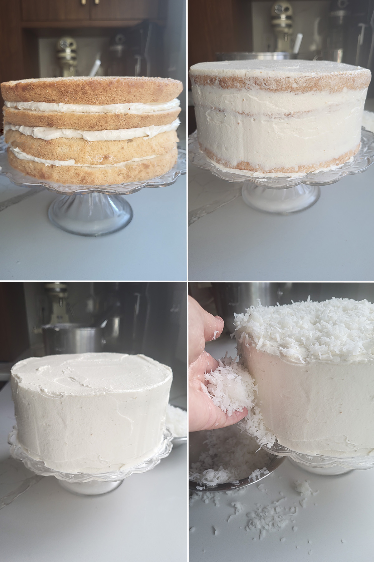 A stacked cake before and after frosting. A hand spreading coconut on a cake.