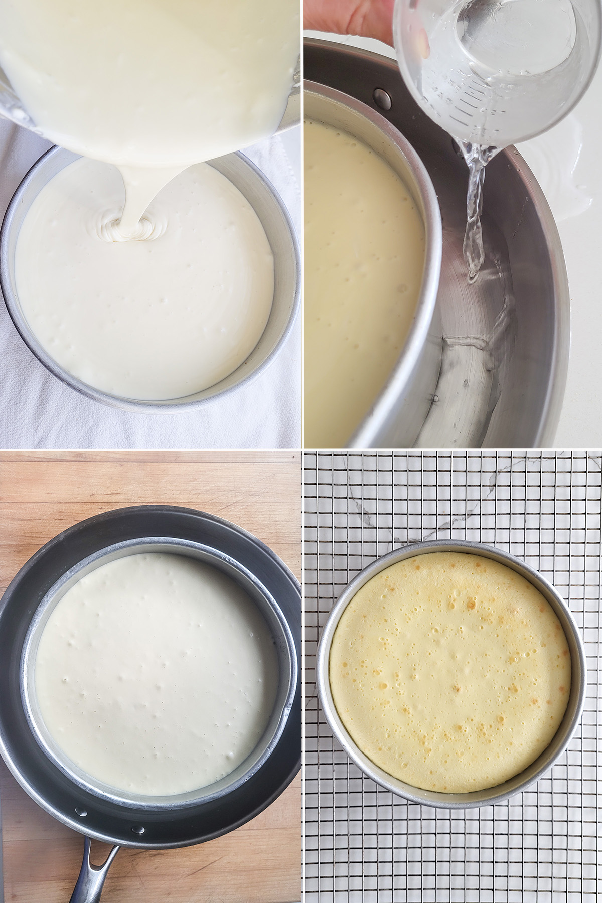 Cheesecake batter in a pan. Water poured around the pan. A baked cheesecake on a cooling rack.