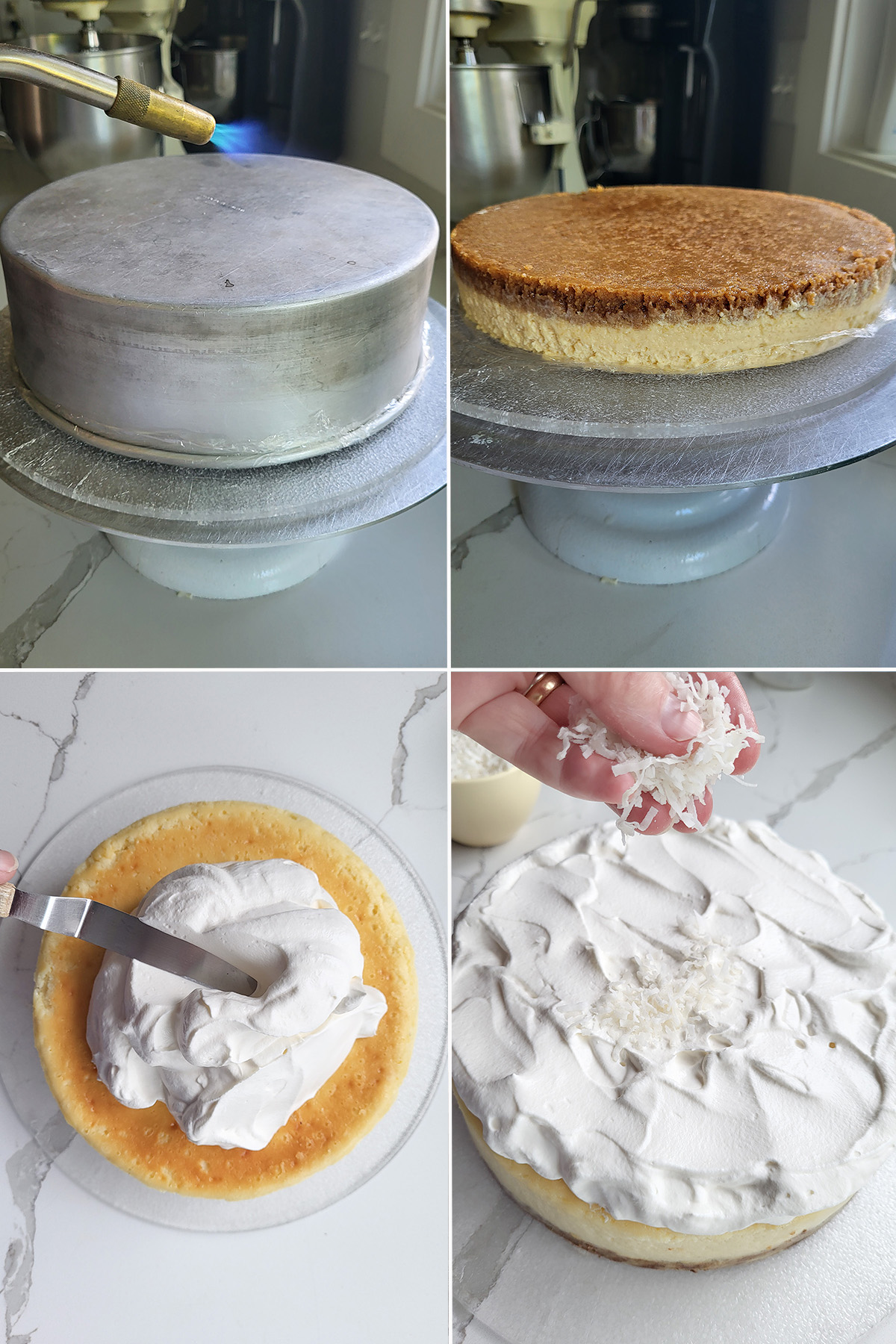 a blow torch warming a cake pan. A cheesecake on a cake turntable.