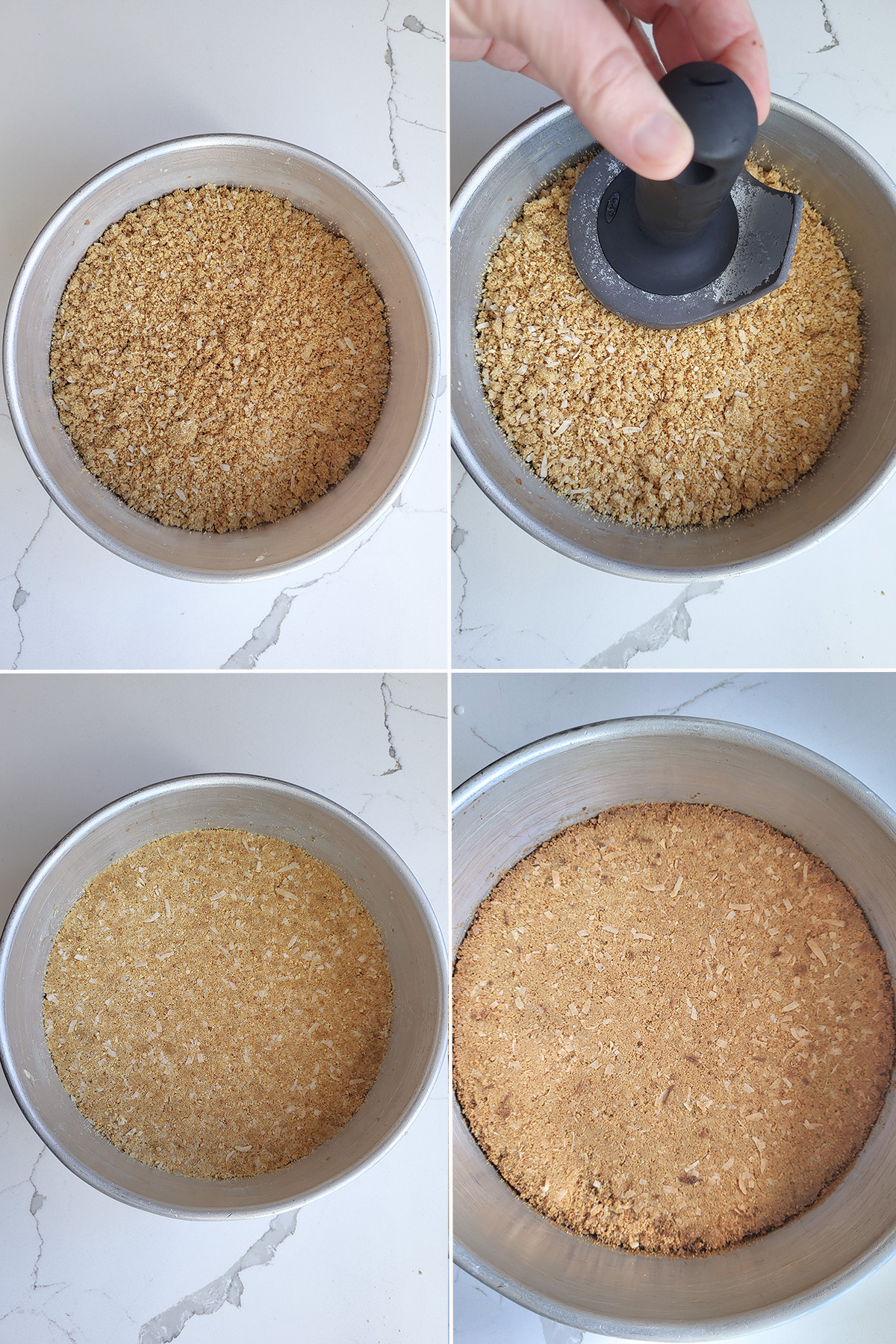 Graham cracker crumbs make a crust in a cake pan.