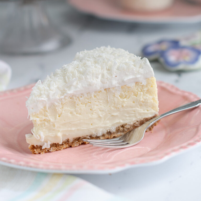 a slice of coconut cheesecake on a pink plate.