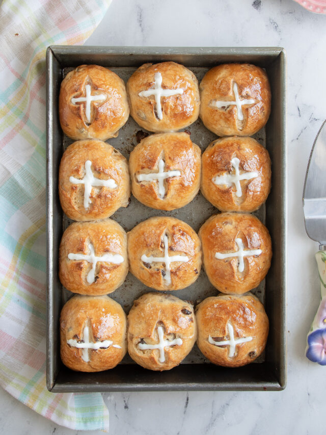 a pan of hot cross buns.