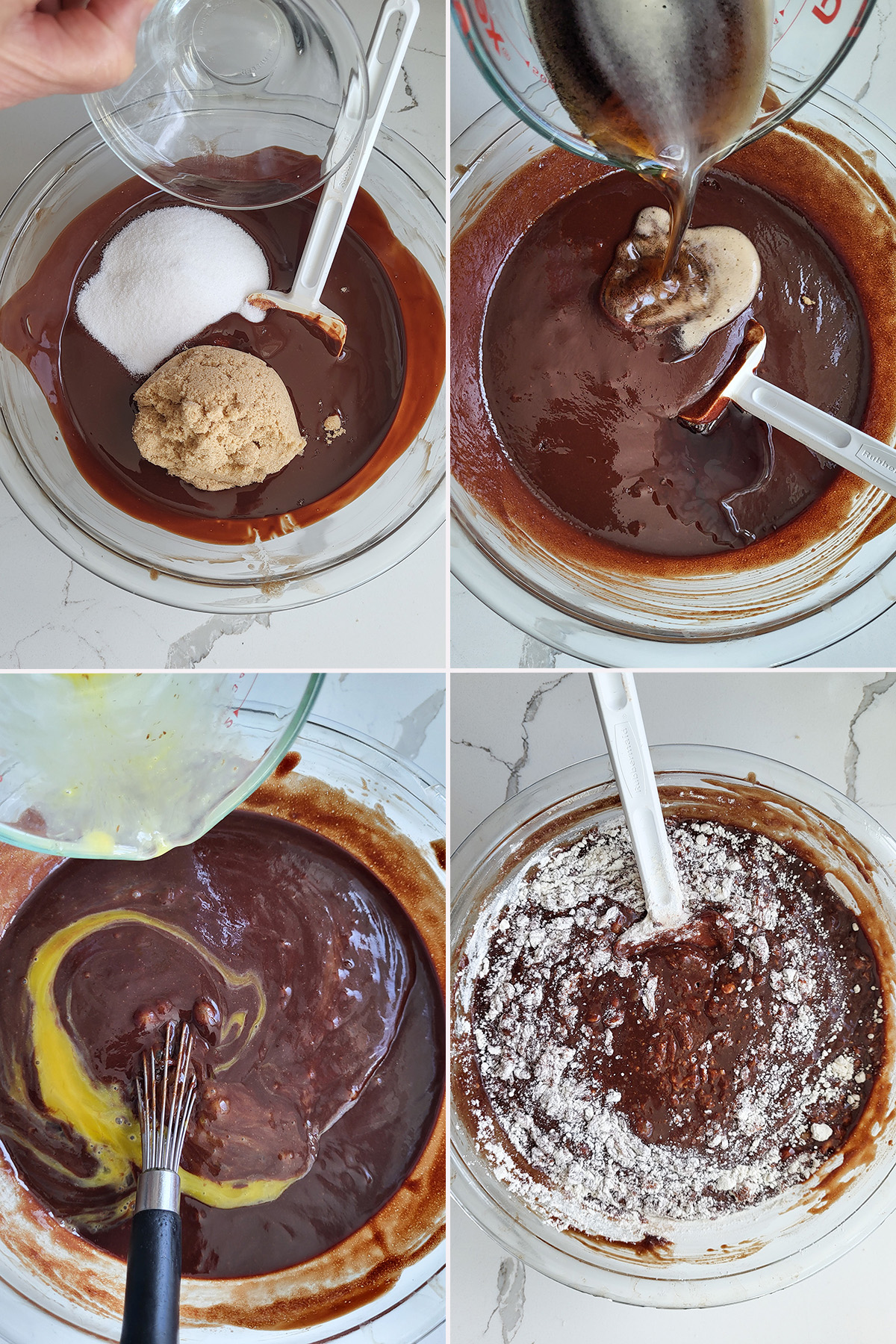 A glass bowl with chocolate, butter, guinness eggs and flour added.