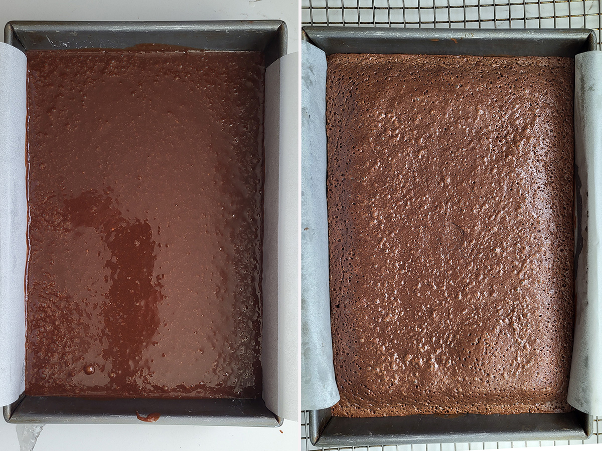 A pan of brownies before and after baking.
