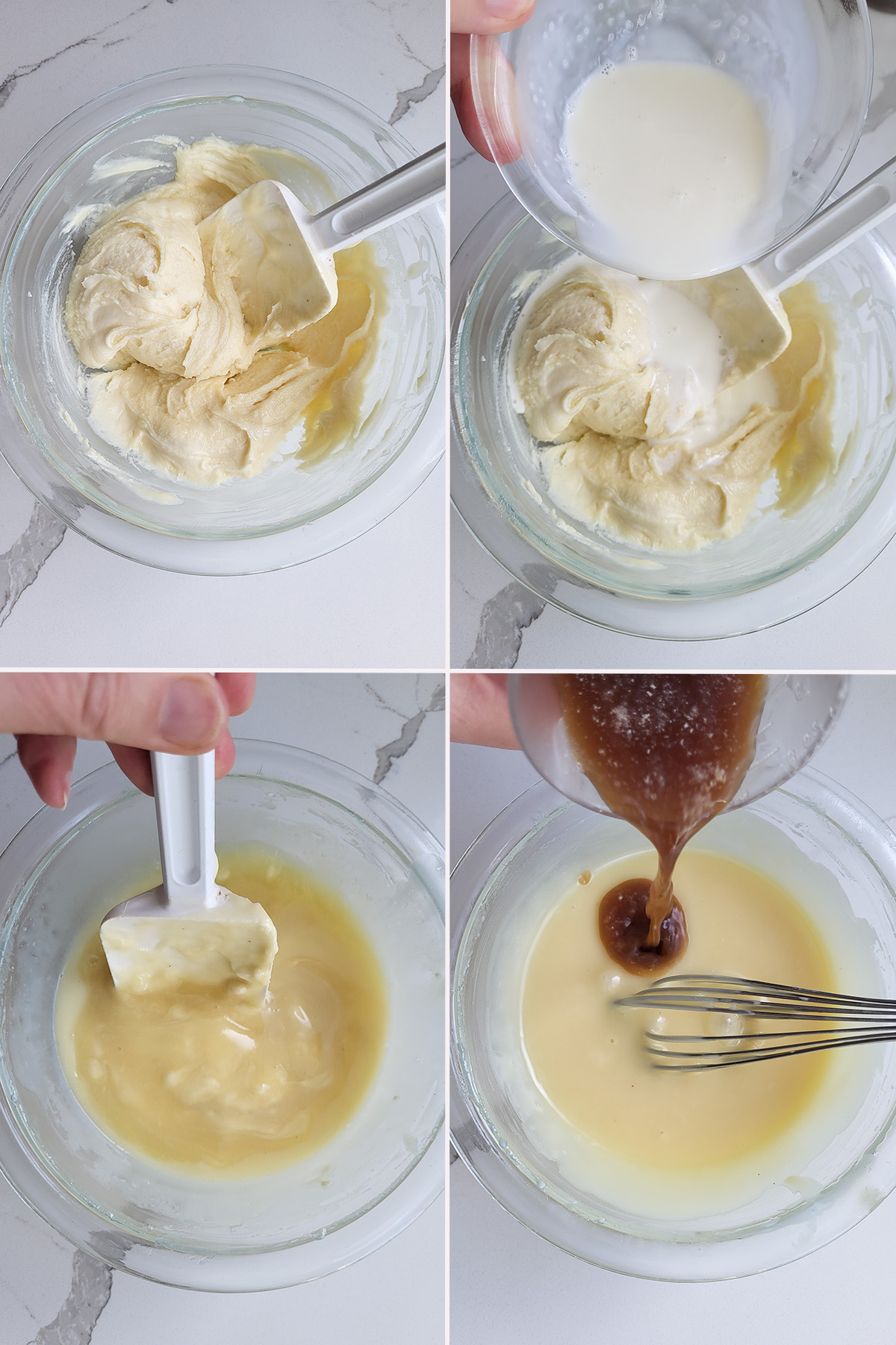 A glass bowl with white chocolate, cream and guinness.