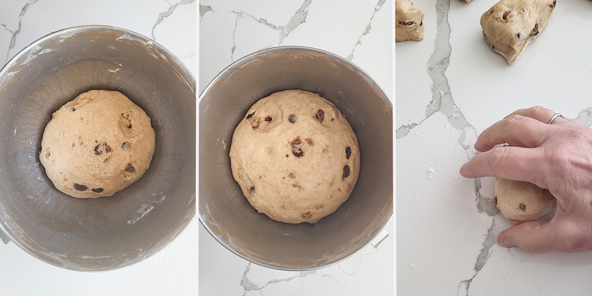 a bowl of dough before and after rising. A hand rolling dough into a ball.