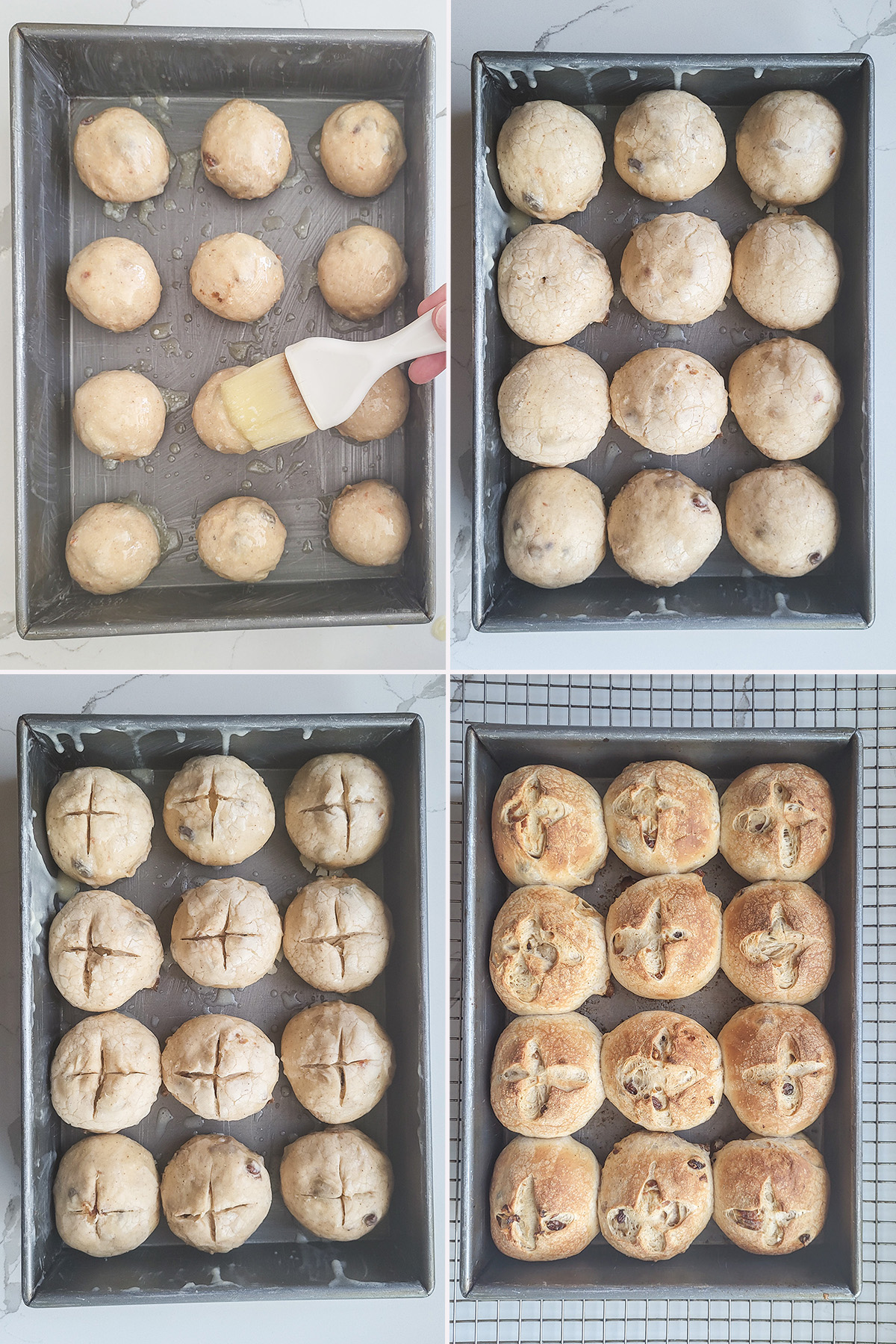 a pan of hot cross buns before and after rising and before and after baking.