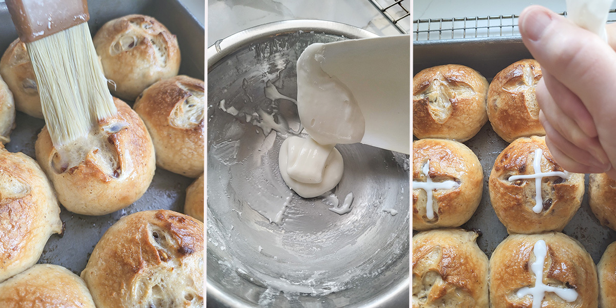 A brush on a hot cross bun. A bowl of icing. A bag piping icing on a bun.