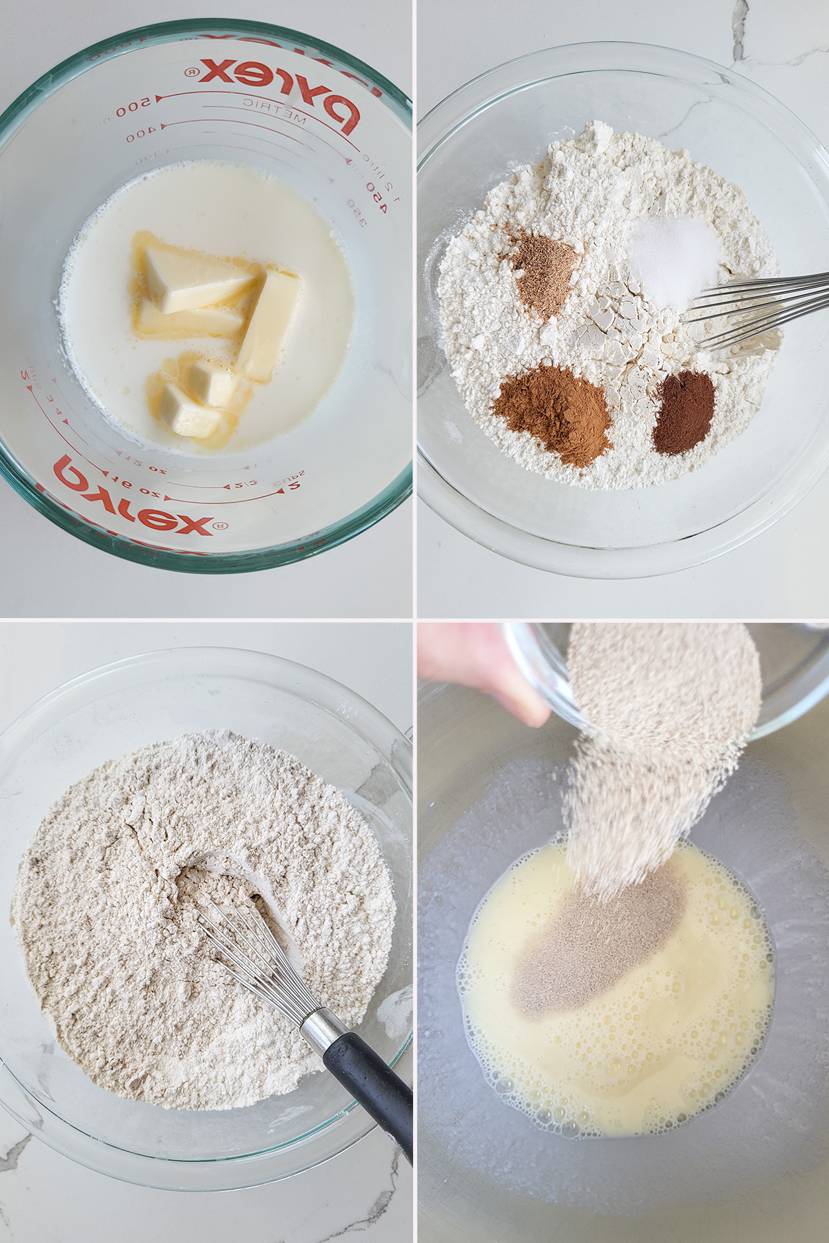 milk and butter in a measuring cup. Flour added to milk in a mixing bowl.