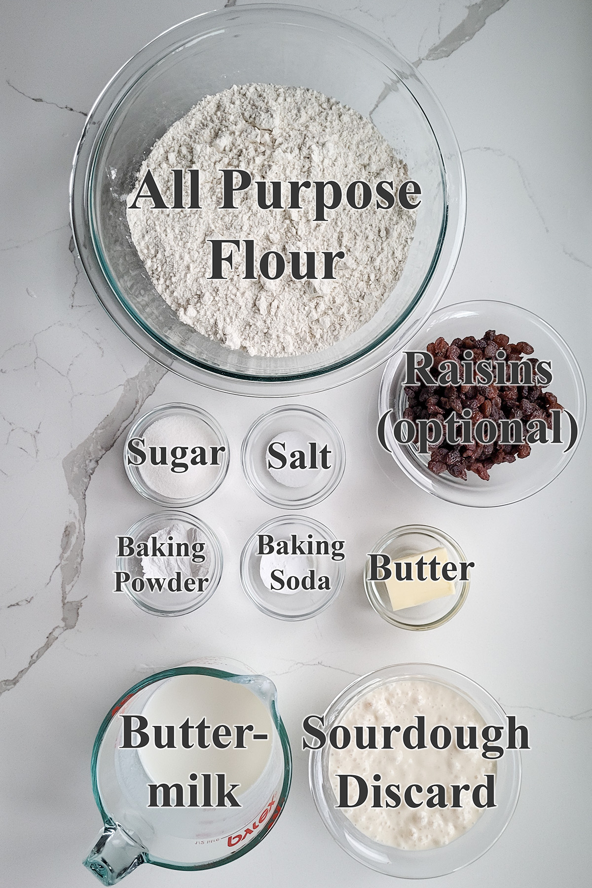 ingredients for irish soda bread in glass bowls.