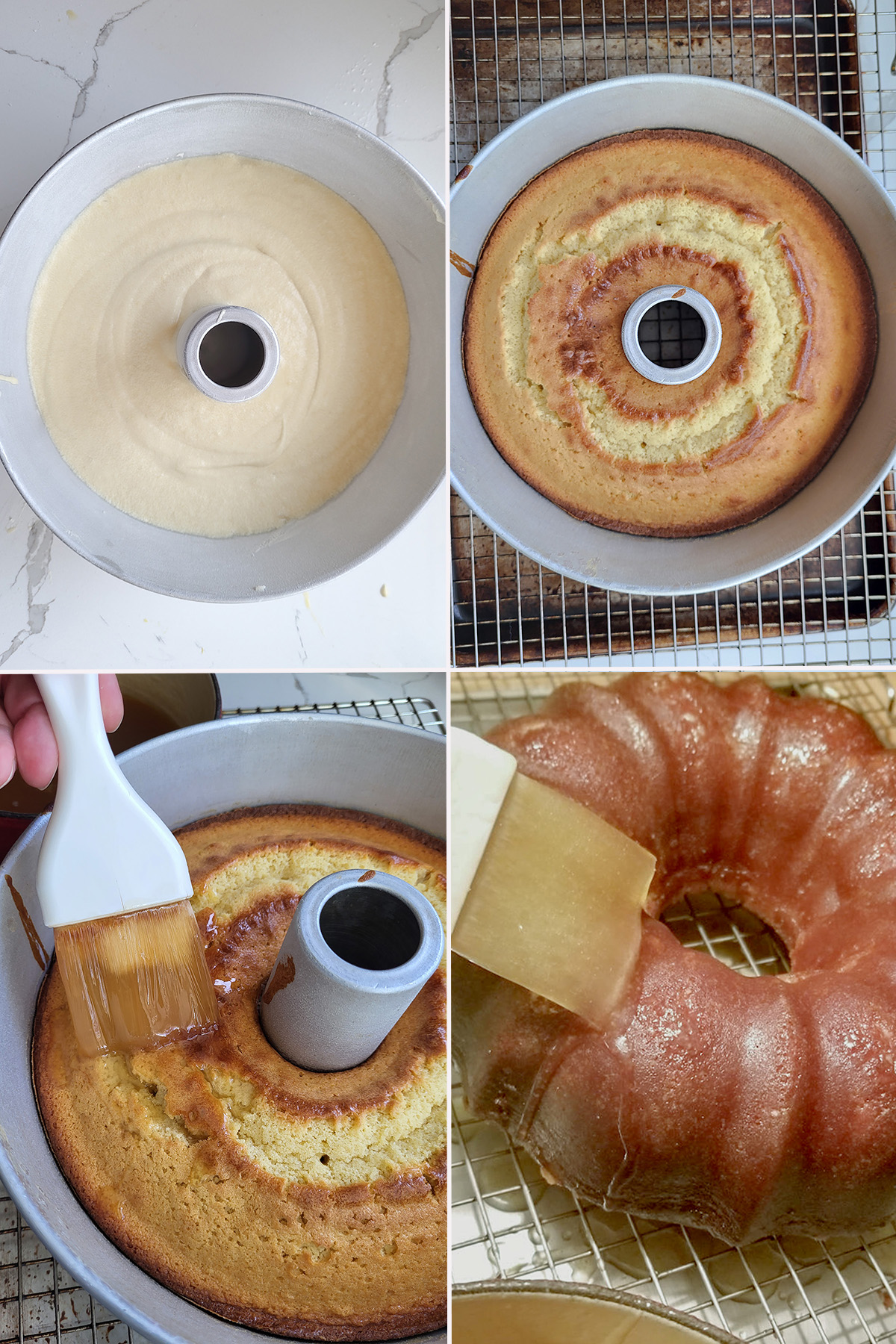 Irish Whiskey cake before and after baking and after glazing.