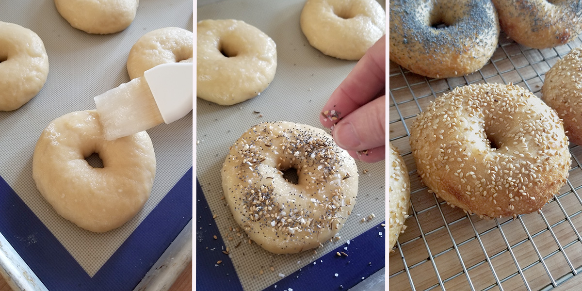 brushing bagels and sprinkling with seeds.