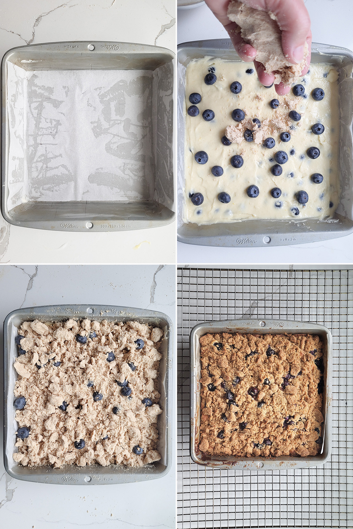 layer cake batter, blueberries and crumb topping in a square cake pan.