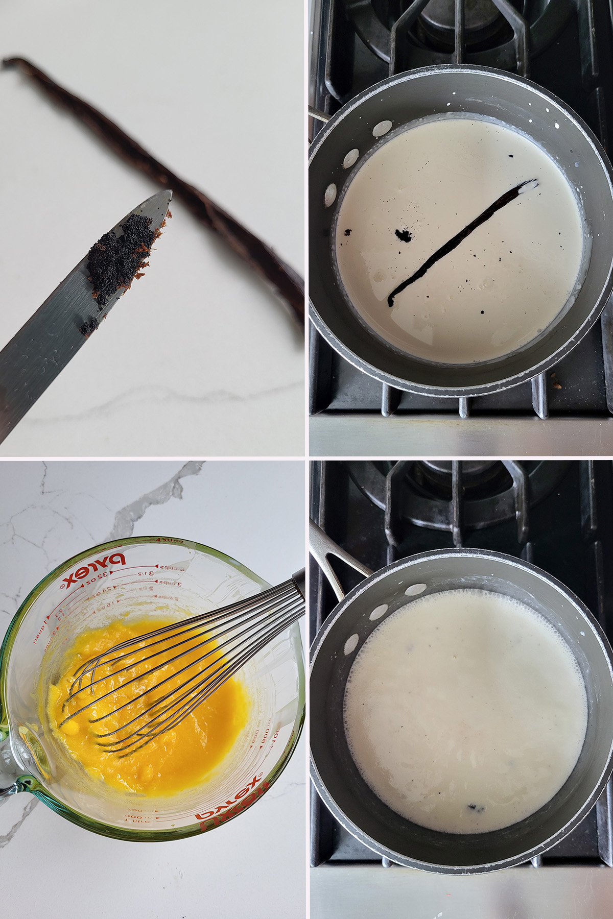 cream in a pot. Egg yolks in a bowl. Vanilla bean seeds on a knife.
