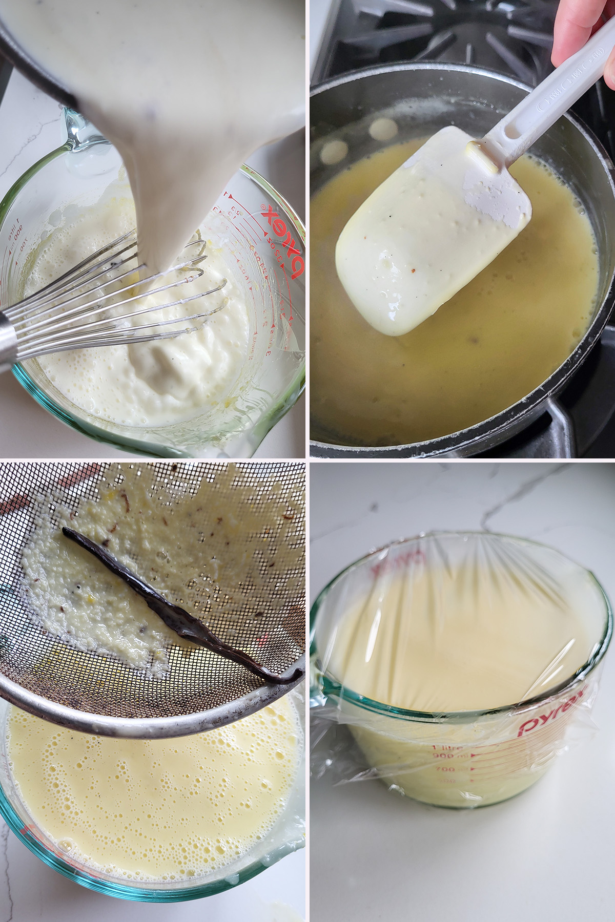 cream in a pot. a strainer with vanilla bean. A bowl of custard.