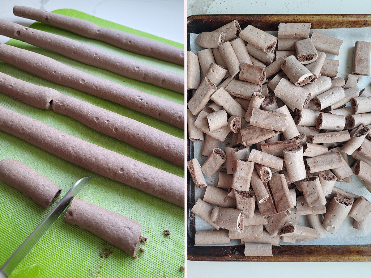 chocolate meringue strips cut into chunks.